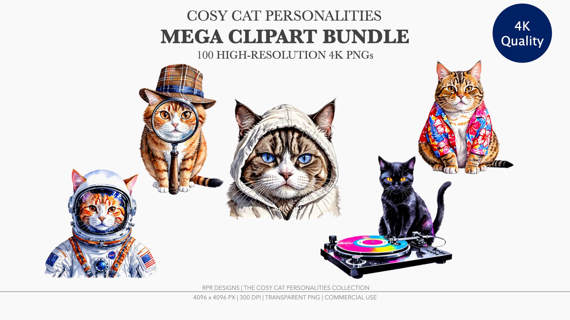 Cosy Cat Personalities Clipart Bundle showing cats dressed as astronaut, detective, DJ, and more — 100 high-res 4K PNGs