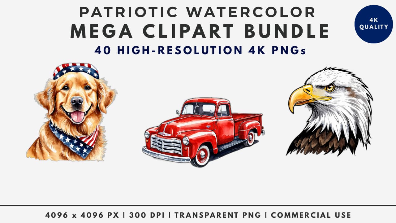 4th of July patriotic watercolor clipart bundle