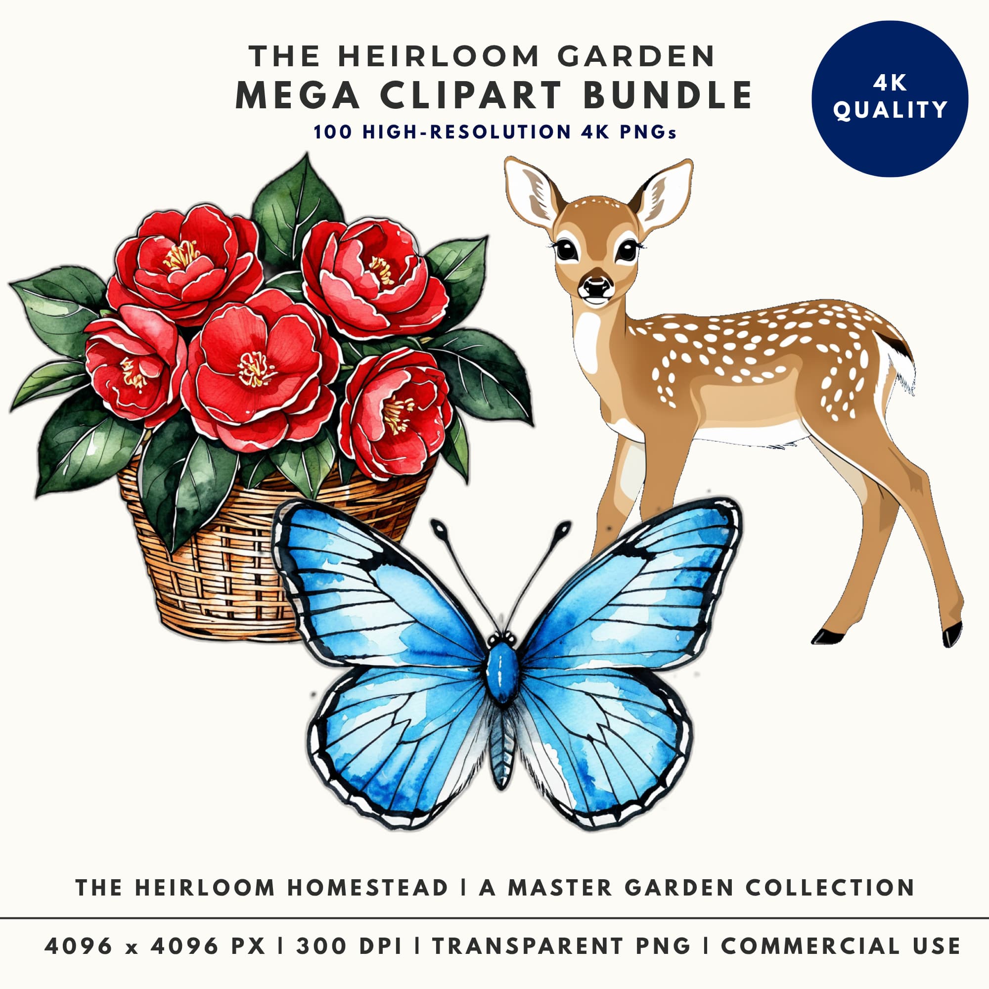 Heirloom Garden watercolor floral clipart bundle with spring flowers
