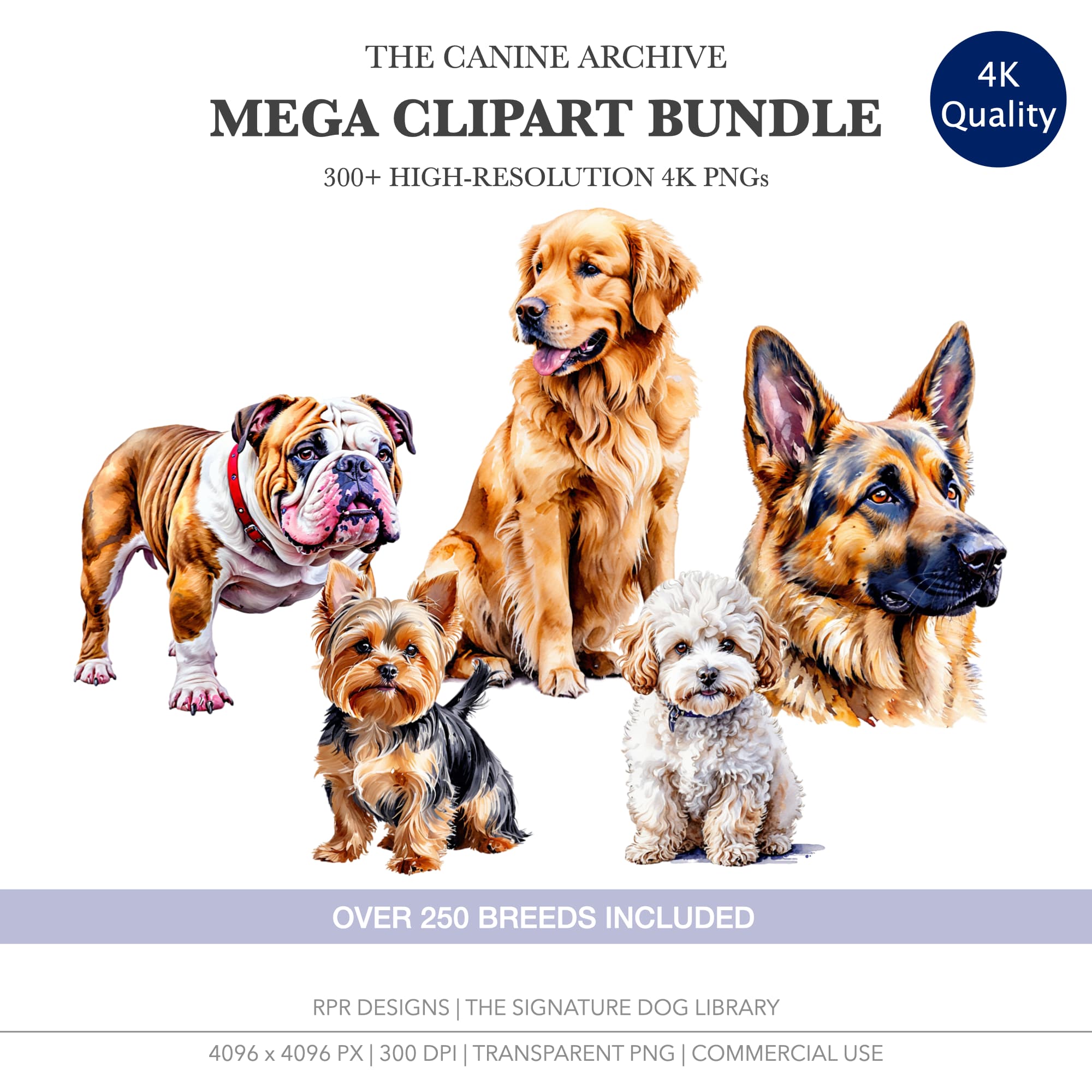 Dog Clipart Mega Bundle showing watercolor bulldogs, retrievers, German shepherds, and more — 300 plus high-res 4K PNGs