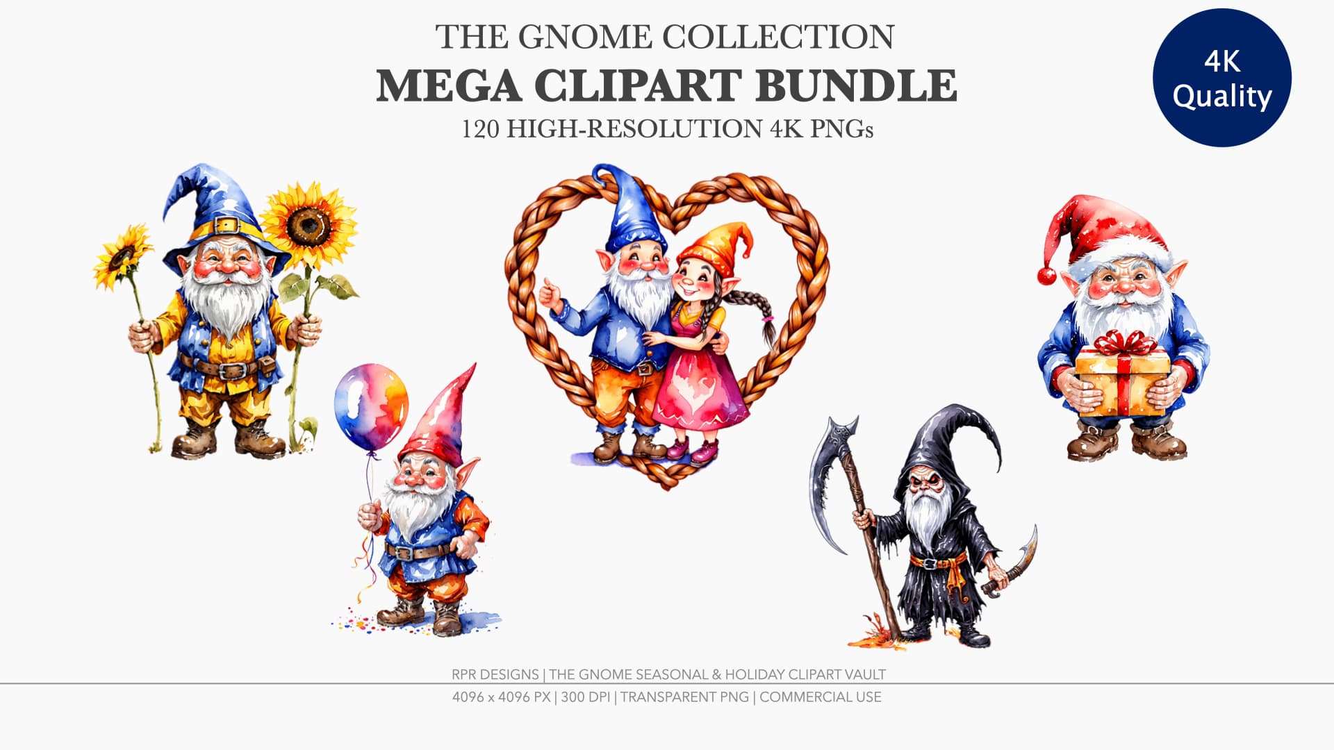 Gnome Clipart Mega Bundle showing seasonal watercolor gnomes — 120 high-resolution 4K PNGs