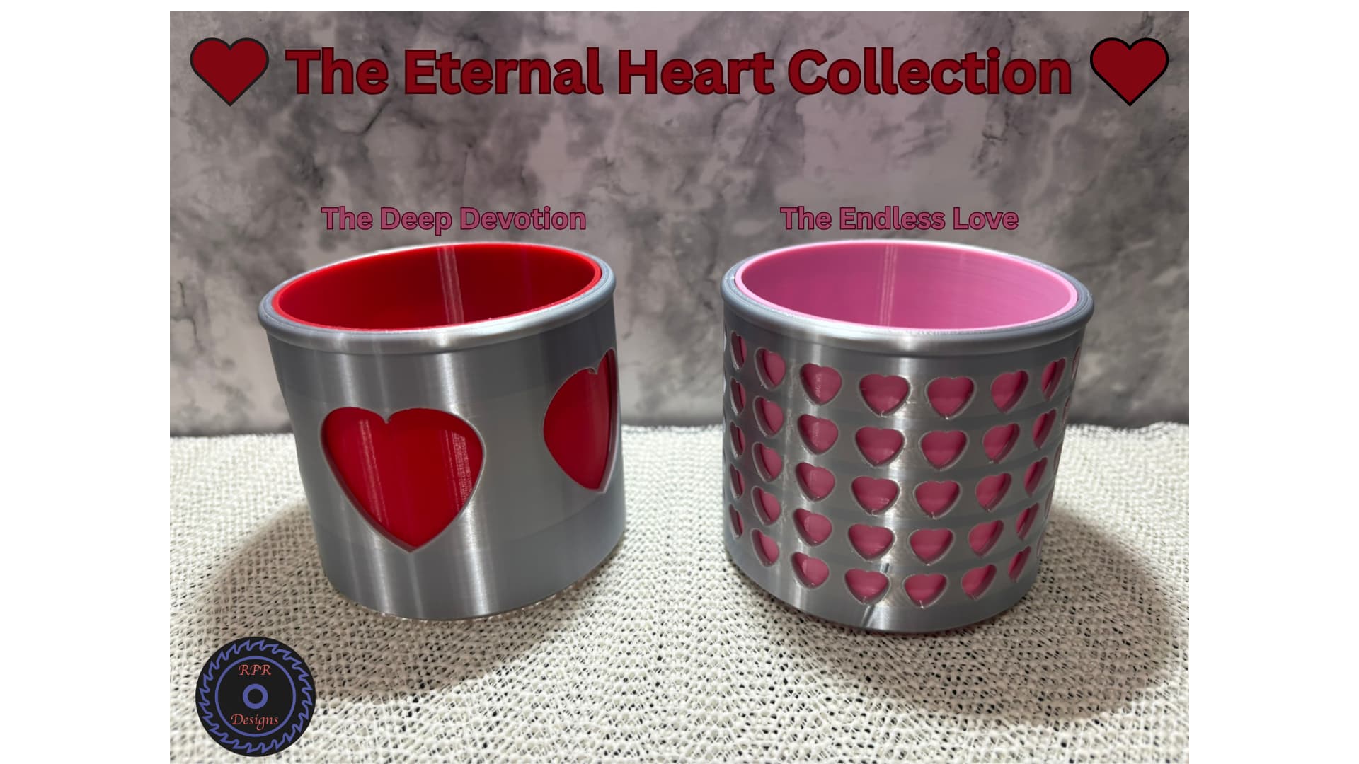 Two 3D printed heart-themed desk organizers side by side — Deep Devotion in red and Endless Love in pink