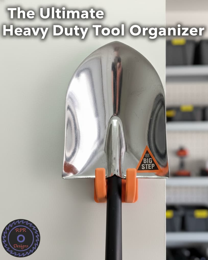 Orange 3D printed wall-mount garage tool organizer holding a shovel on a garage wall