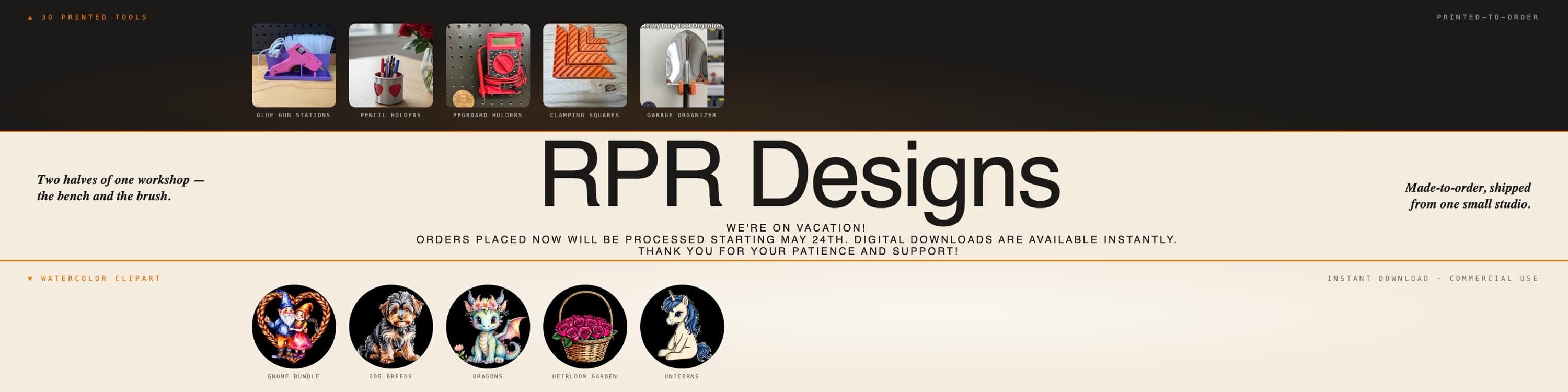 RPR Designs — 3D printed workshop tools, handmade woodworking, and watercolor clipart bundles made in a small studio